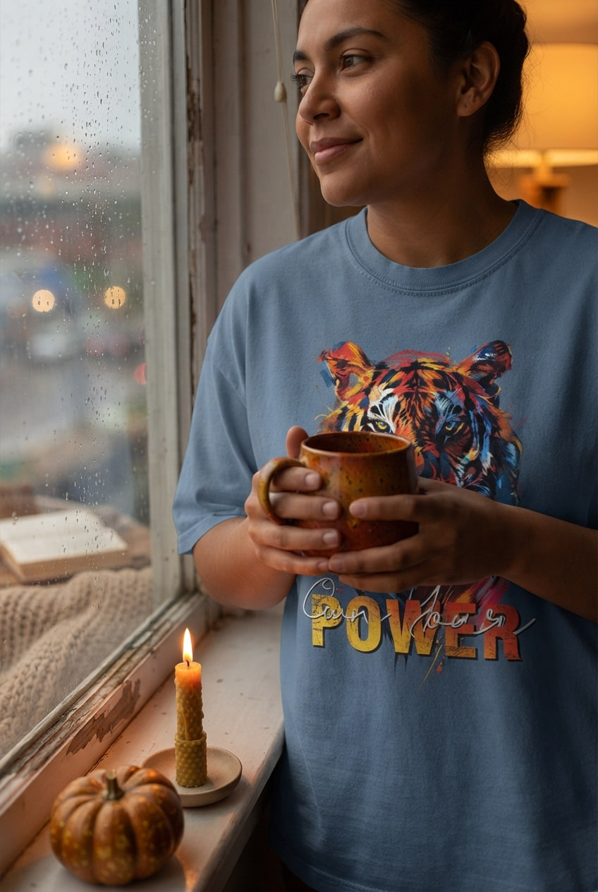 A person wearing a graphic tee holds a ceramic mug beside a rainy window with a pumpkin and lit candle nearby.