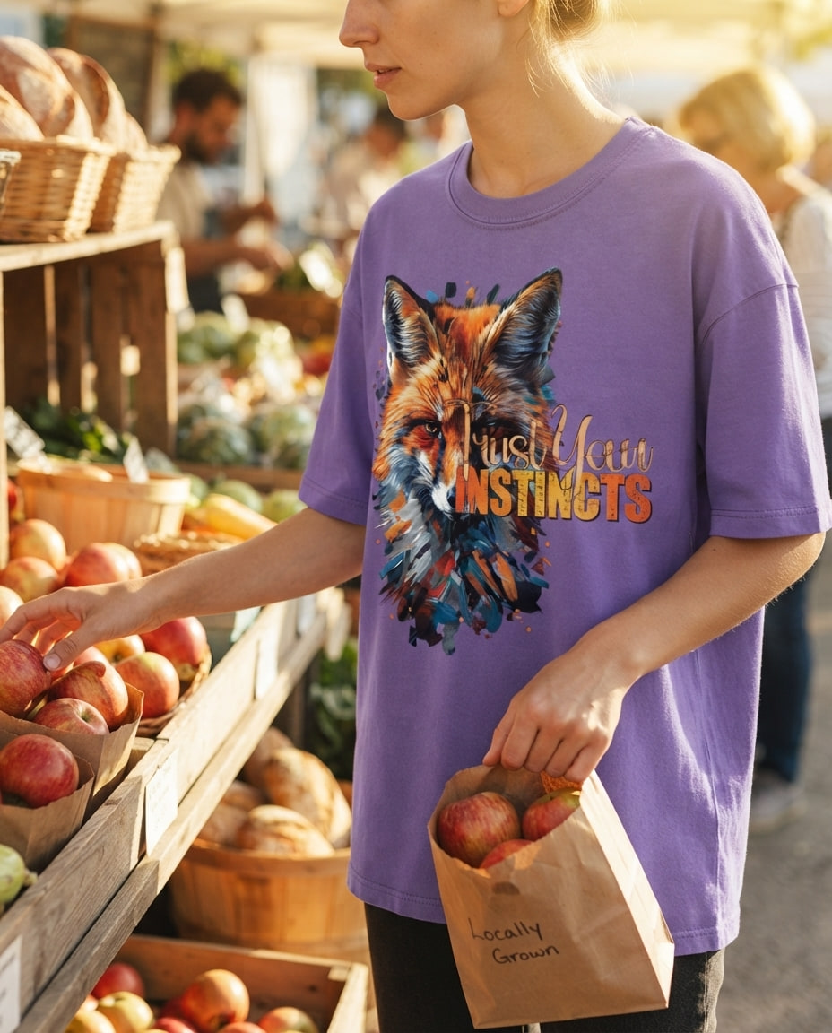 A person in a graphic tee holds a paper bag of apples while browsing a sunny farmers market stall.