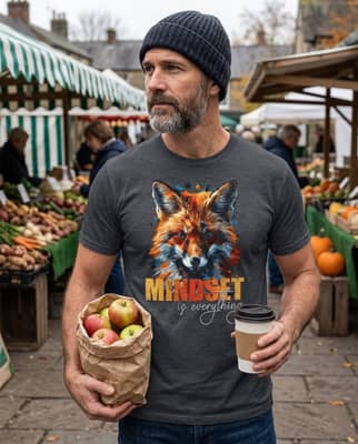Person wearing a dark heather t-shirt holding a paper cup and apples on a crisp overcast morning at a farmers market.