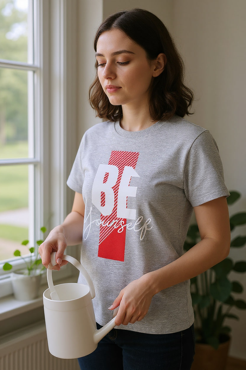 A person in the cotton tee waters houseplants by a bright window, shown from the chest up with the rib collar visible.