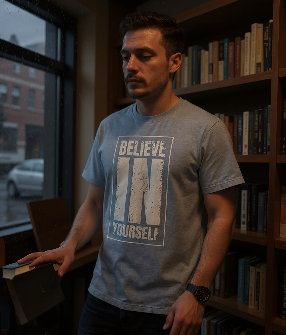 A person in the tee reaches for a book on a shelf in a warm neighborhood bookshop on a rainy afternoon.