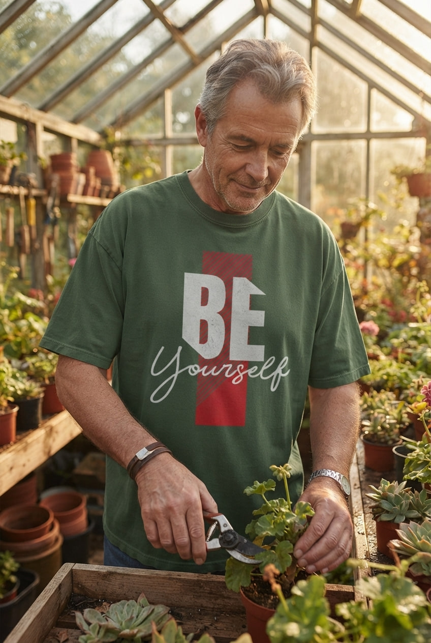 Man in his sixties prunes greenhouse plants in a relaxed graphic tee lit by warm afternoon sunlight.