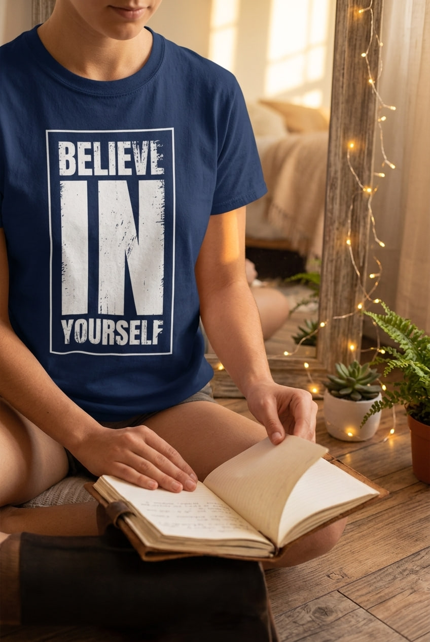 A person sitting cross-legged on a bedroom floor at sunset wears a text t-shirt while flipping through a journal.