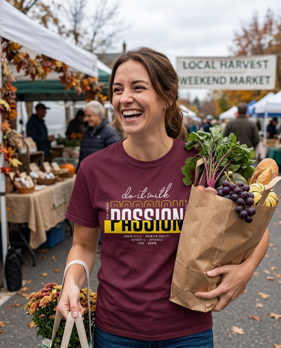 A person wearing a maroon quote t-shirt holds a paper bag of fresh produce at an outdoor weekend market.