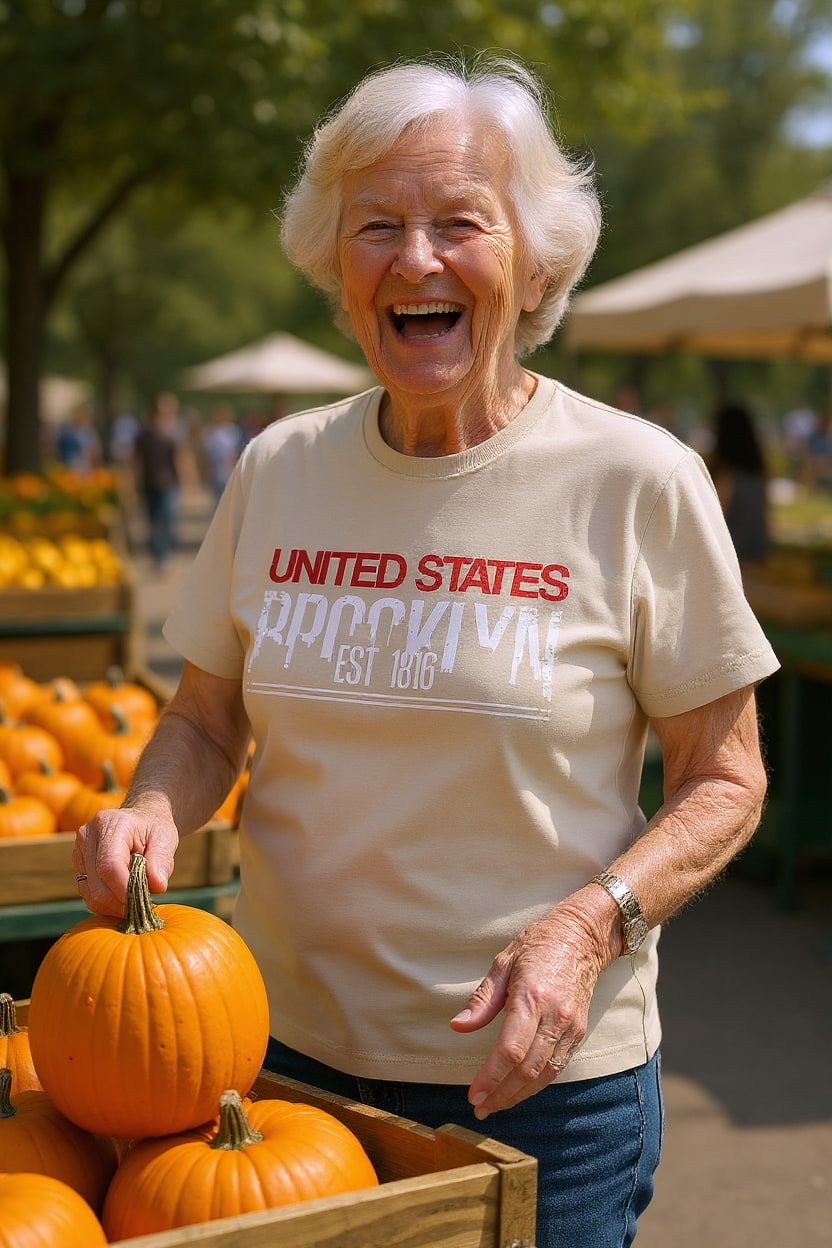 A smiling person in their sixties lifts a pumpkin at a sunny farmers market stall piled high with pumpkins, wearing a graphic tee.