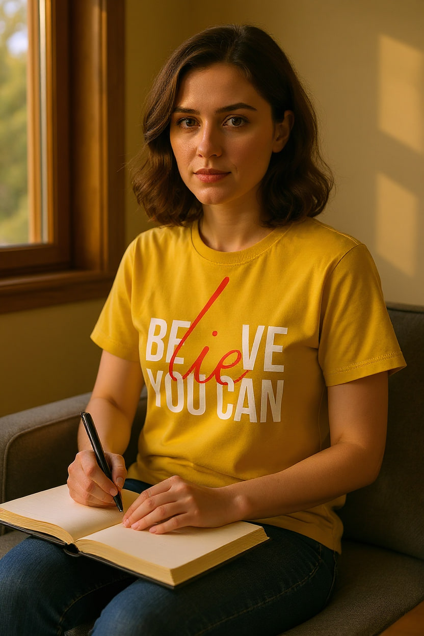 A person in a printed tee sits on a sunlit window seat writing in a journal in warm late-afternoon light.