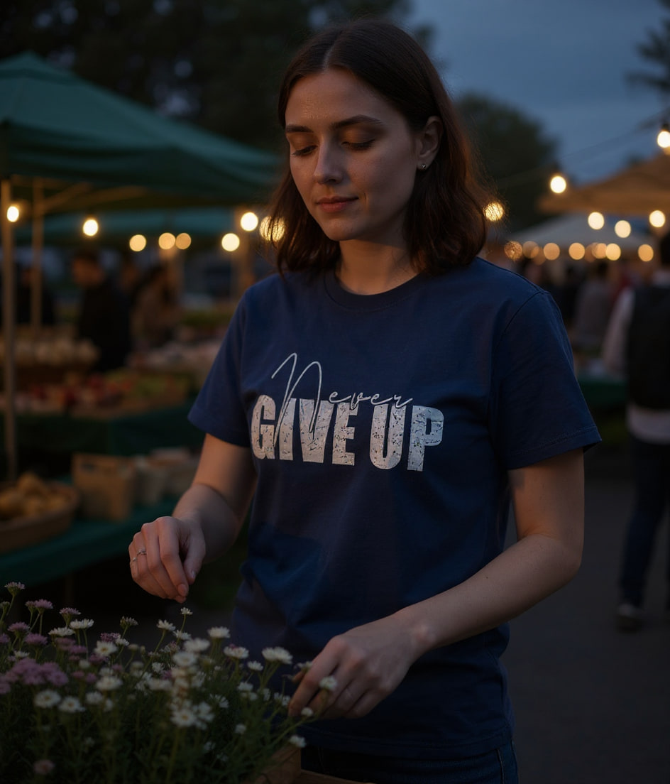 A person in a printed tee picks up a bunch of flowers from a farmers market stall at dusk, with stalls blurred behind.
