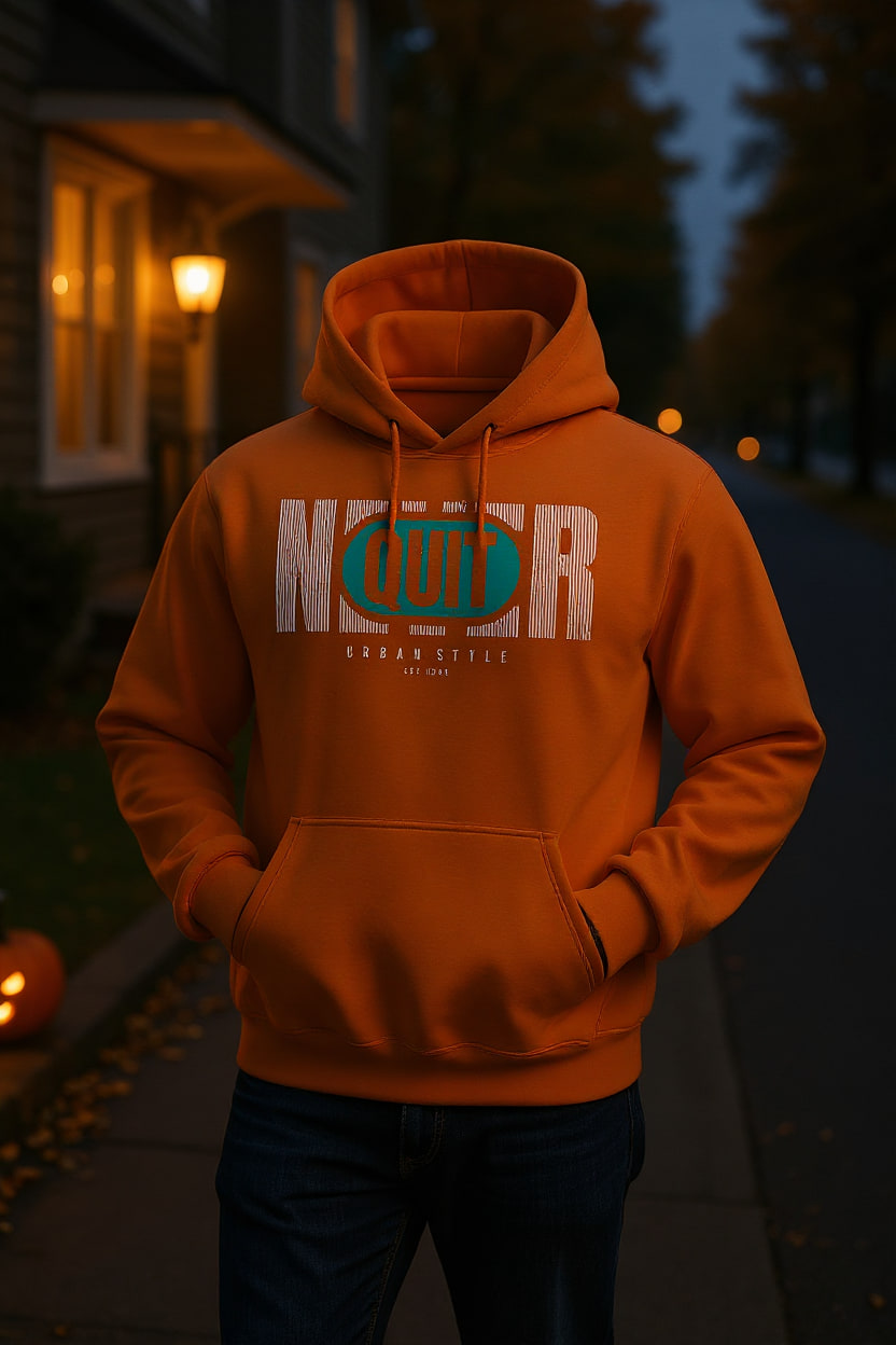 A person in an orange hoodie walks down a quiet street at dusk, hands in the front pocket, with porch pumpkins and lit windows behind.