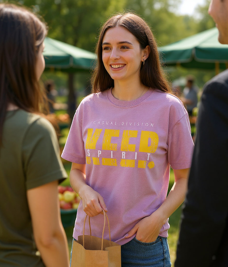 A smiling shopper in a t-shirt holds a paper bag of apples and laughs with a vendor at a sunny outdoor farmers market.