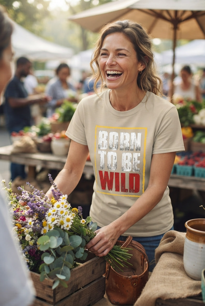 A person wearing the Born To Be Wild T-shirt smiles while holding fresh flowers at an outdoor market stall.