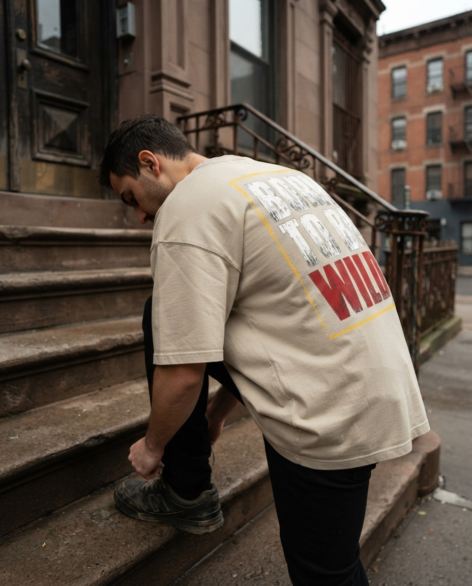 A person in the Born To Be Wild T-shirt laces sneakers on city apartment steps in soft overcast light.