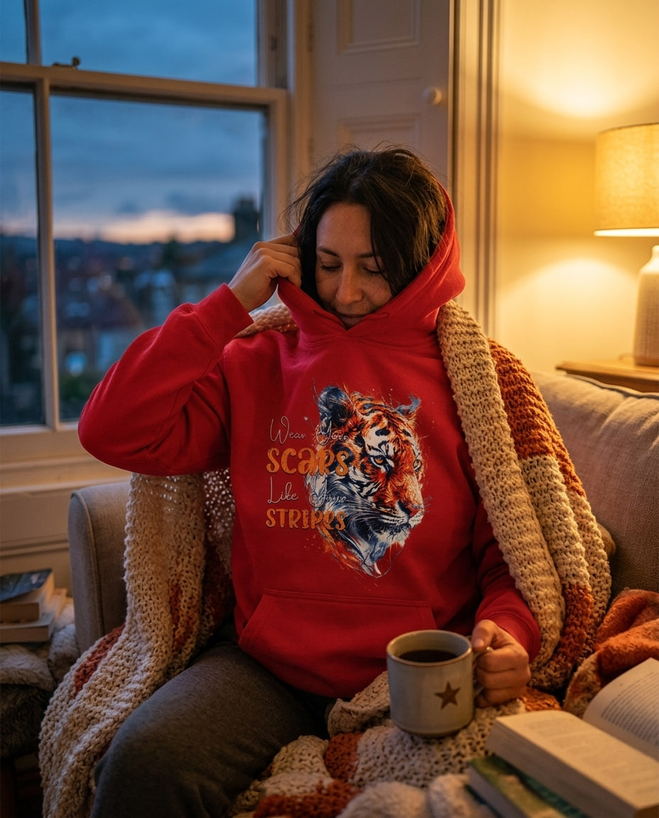 A person puts on a red hoodie featuring a colorful tiger print inside a living room lit by a warm lamp.