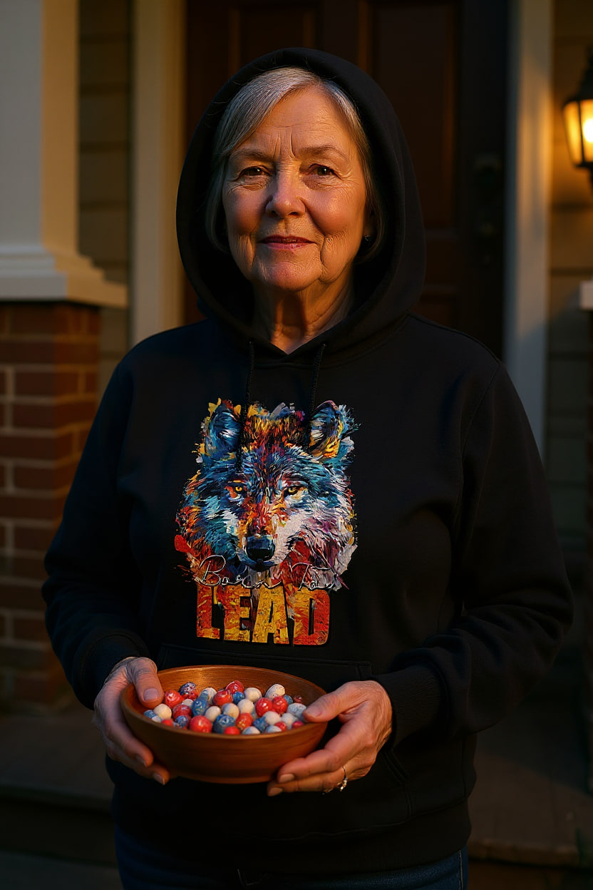 Woman with short silver hair on a porch at dusk, hood of her black hoodie up, holding a bowl of candy in warm light.