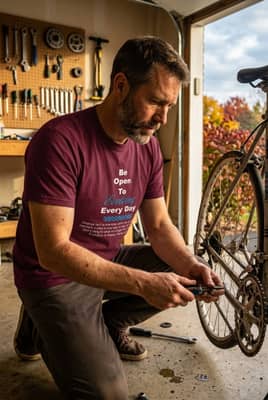 Man in his forties kneeling in a garage to fix a bicycle chain while wearing a maroon t-shirt.