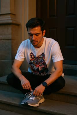 A person in a white graphic tee laces running shoes on concrete apartment steps in soft, warm early evening light.