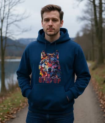 A person in a navy graphic hoodie walks a lakeside trail on a cold autumn morning, hands in the front pocket.
