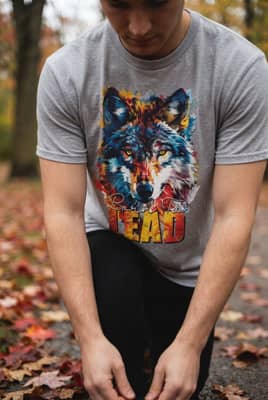 A person in a Sport Grey wolf tee ties a shoe on an autumn park trail with fallen leaves behind them.