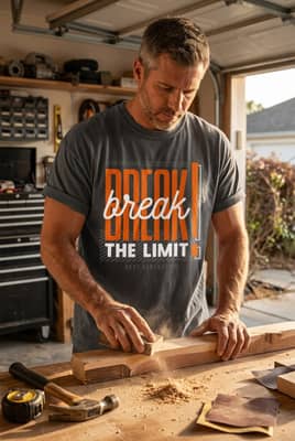 Man in his forties wearing a graphic t-shirt while sanding a piece of timber at a wooden garage workbench in late afternoon light.