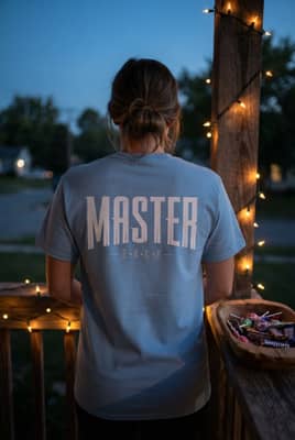 Person in a printed tee stands at a wooden porch railing beside a candy bowl and warm string lights at dusk.