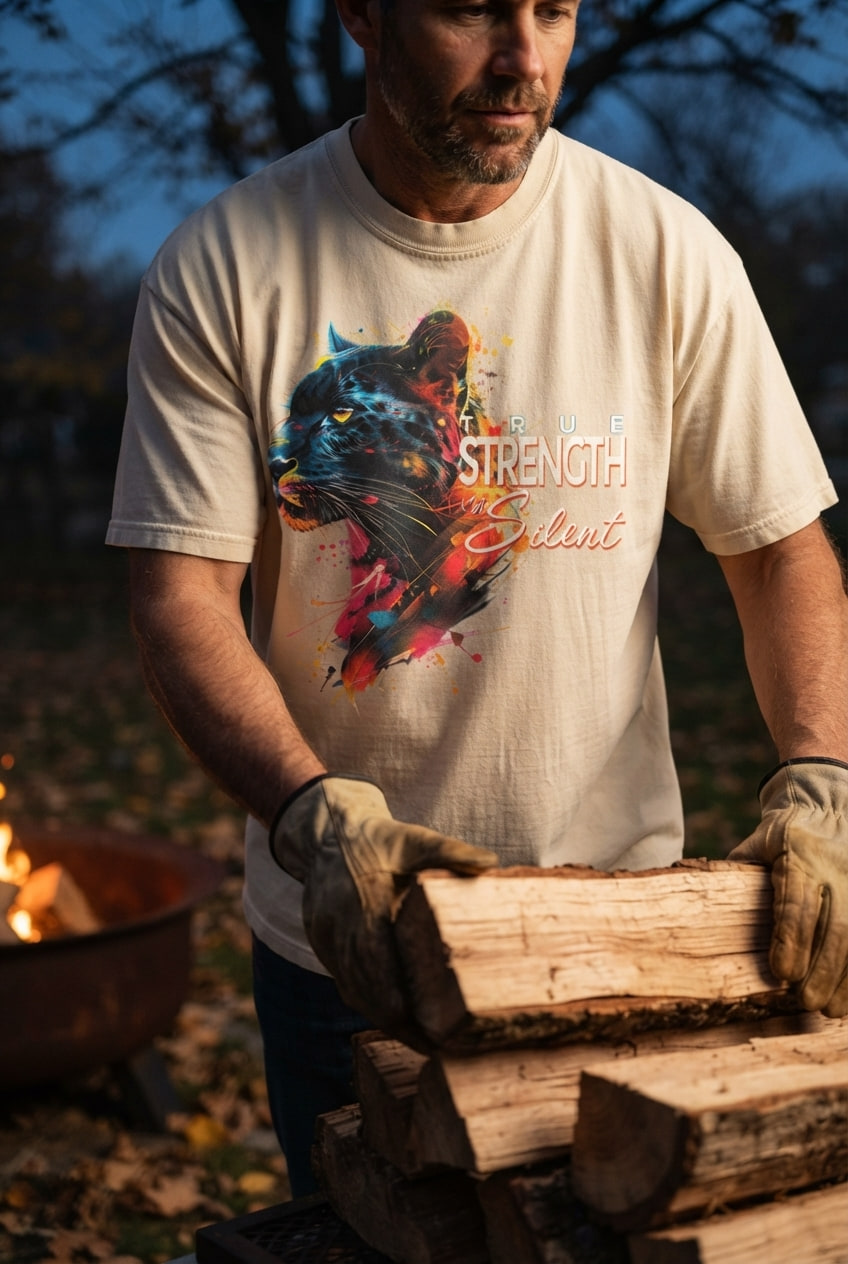 Man in an ivory owl tee stacks split firewood beside a backyard fire pit in amber October evening light.