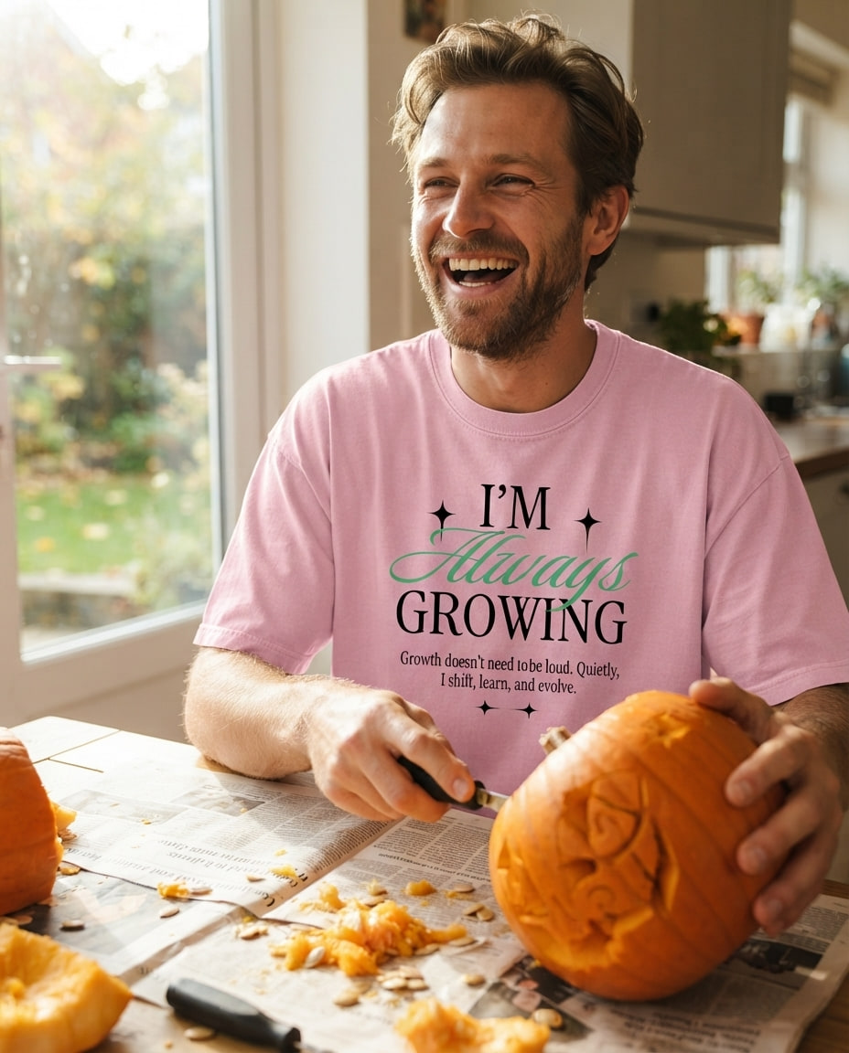 Man in a blossom pink owl tee laughs while carving a pumpkin at a newspaper-covered kitchen table in morning light.