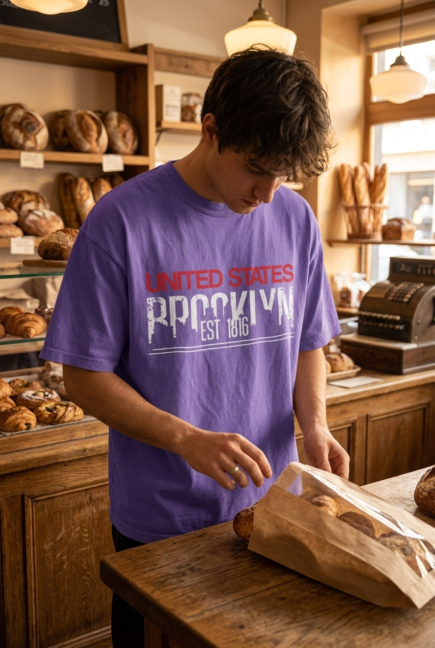 A person wearing a garment-dyed graphic tee stands at a bakery counter holding a brown paper bag.