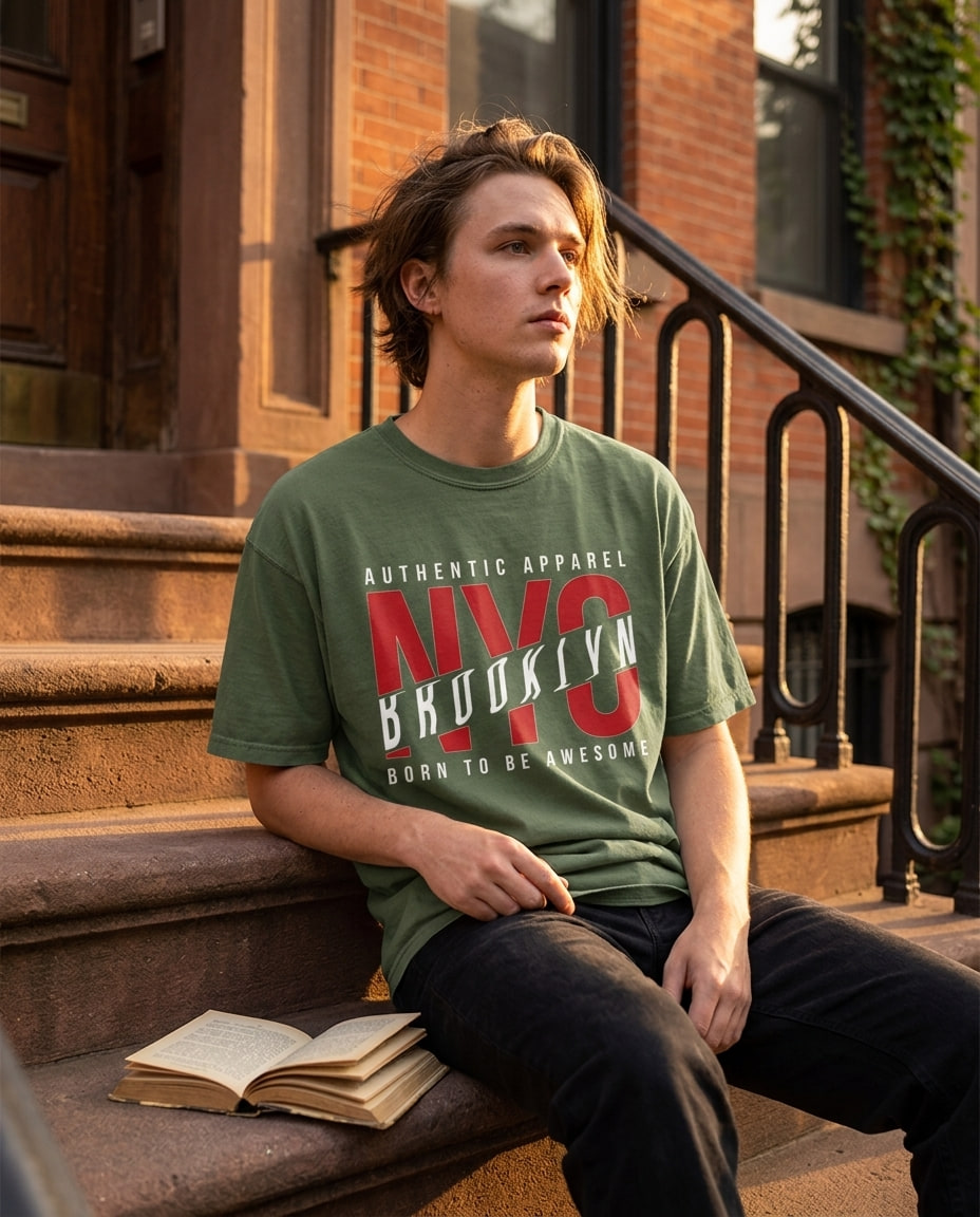 A person in a Brooklyn graphic t-shirt sits on a brick brownstone stoop next to an open book.
