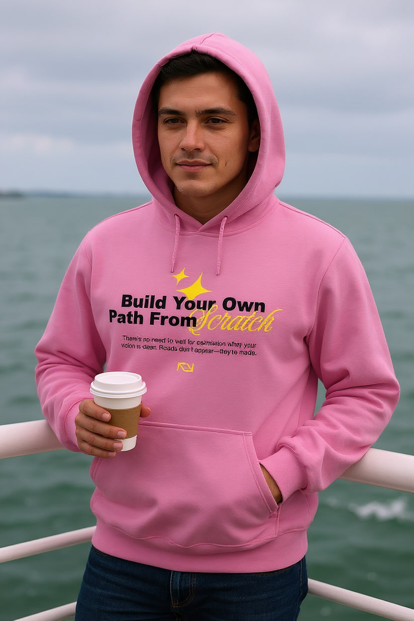 Person in a safety pink hoodie with the hood up at a windy ferry railing, holding a paper cup under an overcast sky.