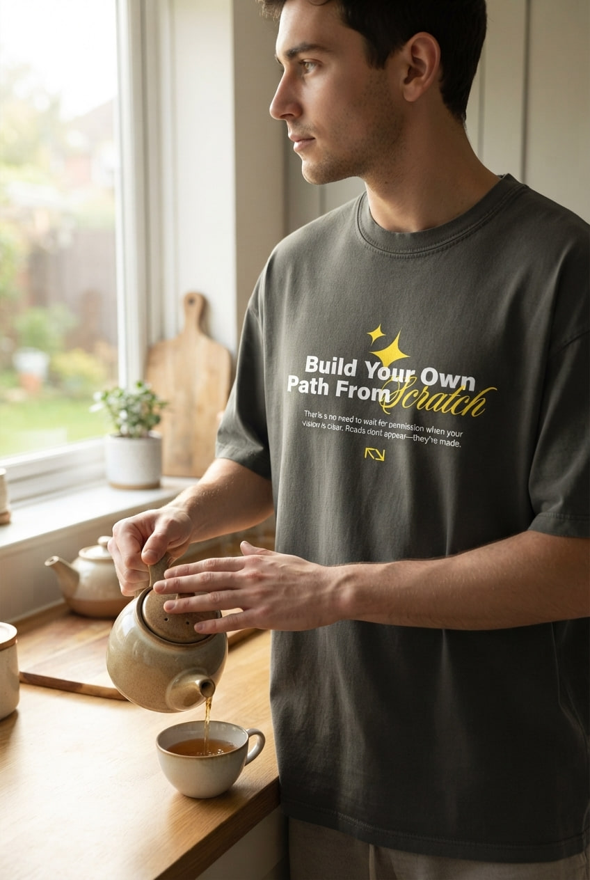 Person in a pepper-colored printed T-shirt pours tea at a sunlit kitchen counter beside a window.