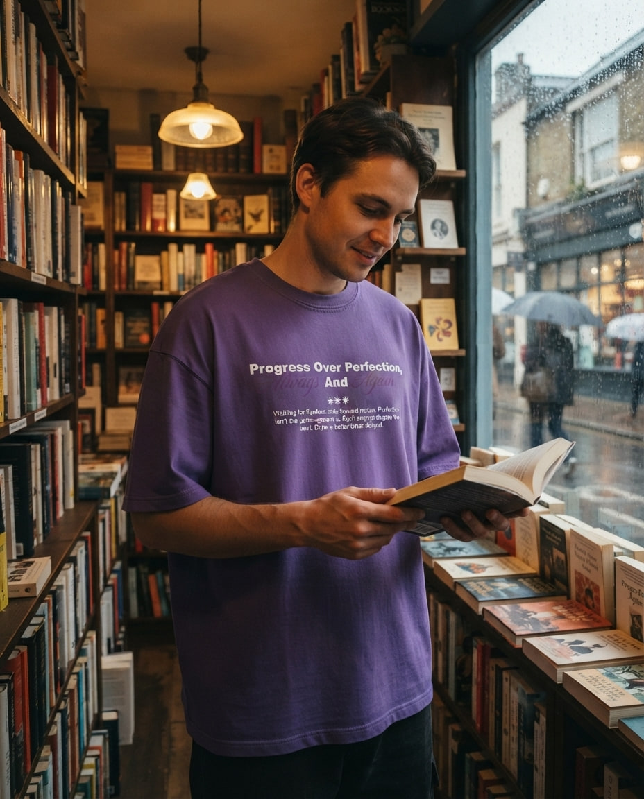 Person in a violet printed T-shirt holds a book while browsing shelves in a warm neighborhood bookshop.