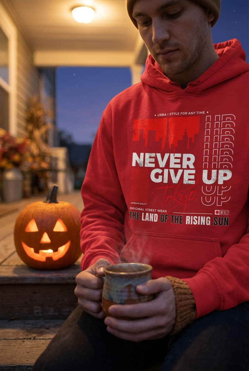 A person wearing a red hoodie sits on a wooden porch step at dusk, holding a warm mug next to a lit jack-o-lantern.