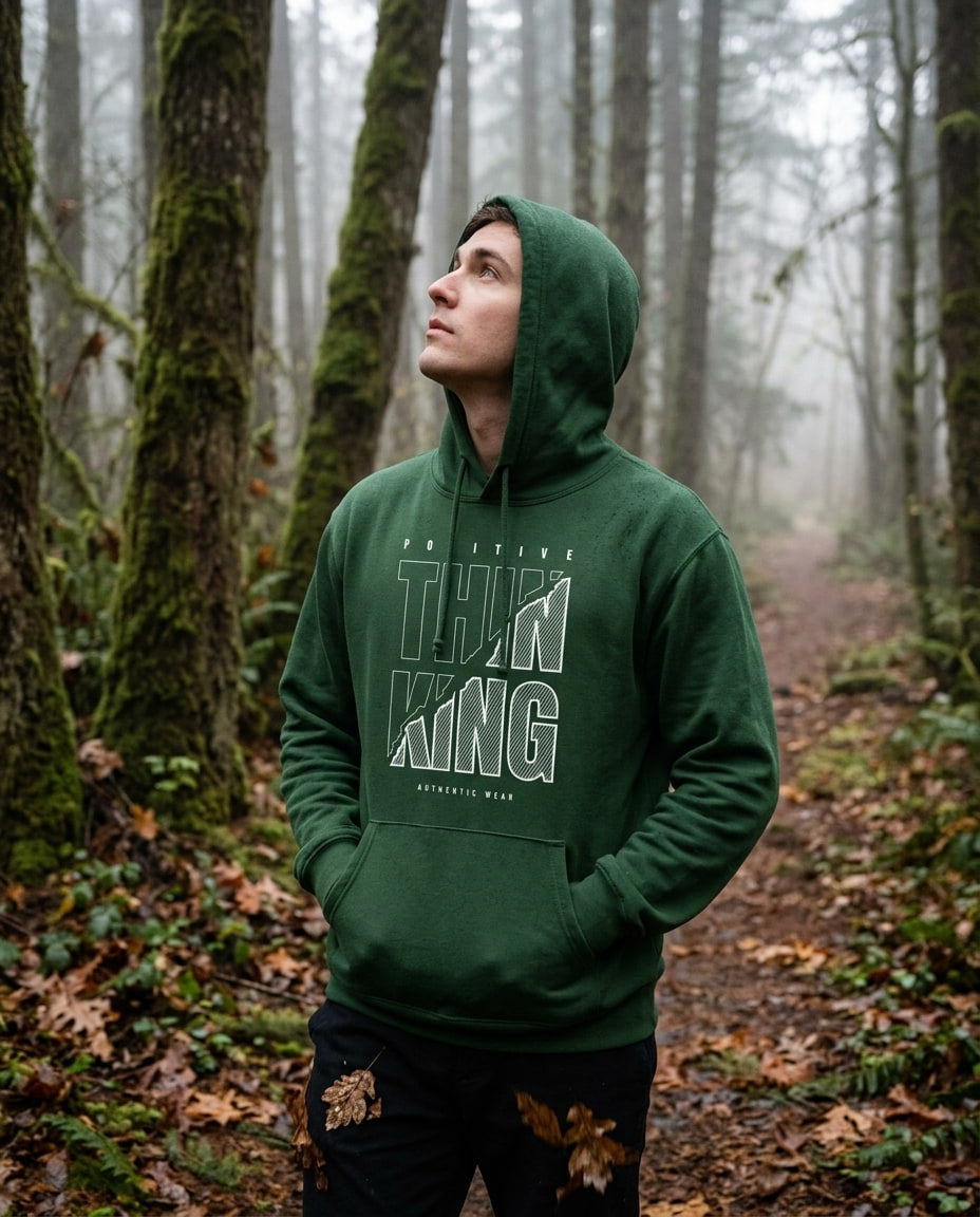 A person in a forest green hooded sweatshirt stands on a misty woodland trail, looking up at the autumn trees.