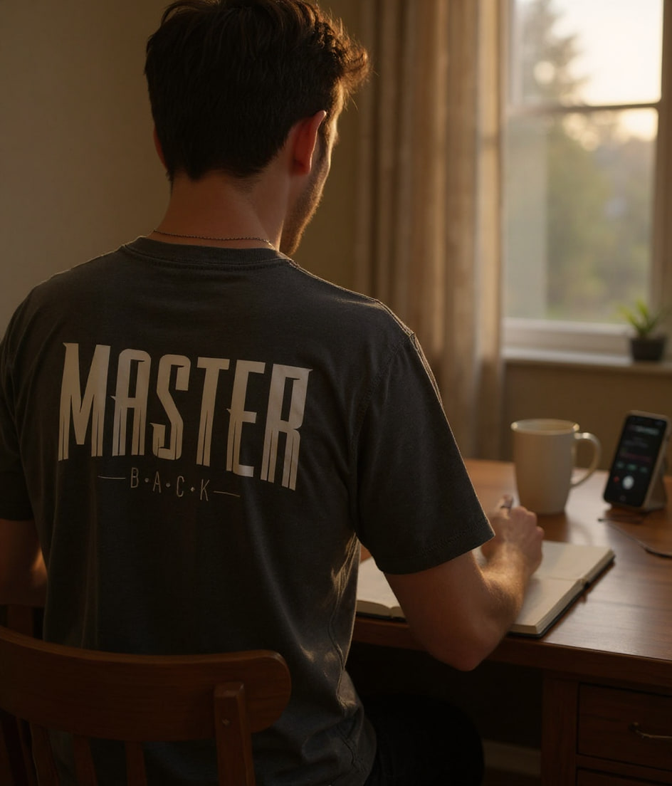 Seen from behind, a person in a graphic tee writes in a journal at a window desk with a mug and phone nearby.