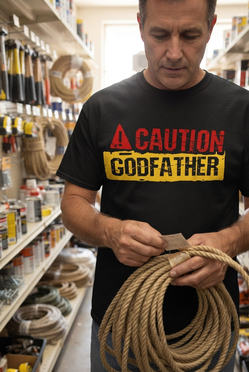 A person wearing a Caution Godfather tee holds a coil of rope in a hardware store aisle.